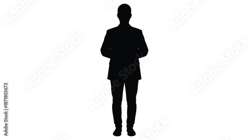 Silhouette of a formally dressed businessman standing still with hands held together waiting for an important presentation or announcement against a white background cutout