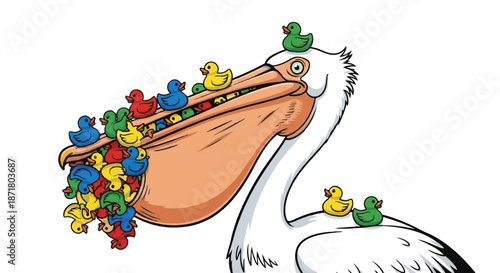 White Pelican Bird Carrying Many Colorful Small Rubber Ducks in Its Large Beak Pouch