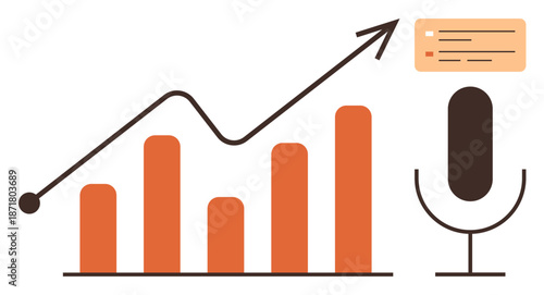 Data analysis, business growth, podcast insights, media communication, statistics, audio trends. Bar graph, upward trend line microphone and data card. Data analysis and business growth concepts