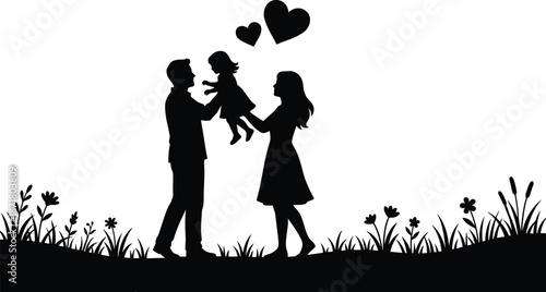 Happy family silhouette with parents lifting child, love and care concept, mother father and daughter, black vector illustration