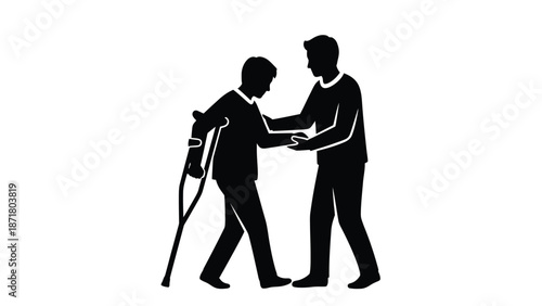 Silhouette of a helpful person offering support and assistance to an individual using crutches signifying care compassion and physical rehabilitation needs