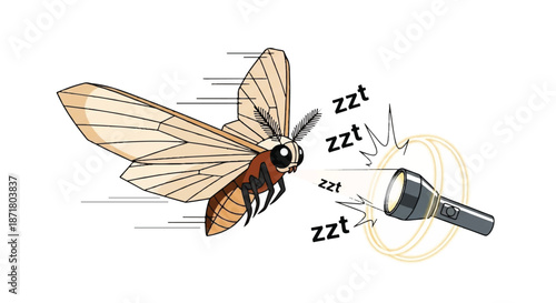 Moth Character Flying Towards a Bright Flashlight Beam Light Attraction and Insect Behavior Concept Illustration