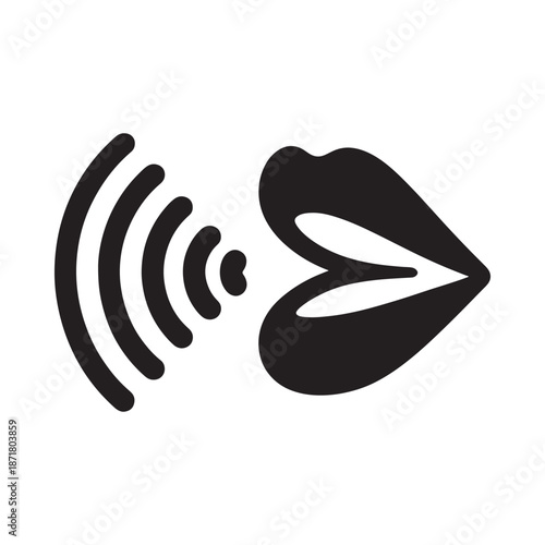 A black silhouette of lips speaking with sound waves emanating outwards