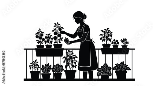 Silhouette of a woman wearing an apron tending to various potted vegetable plants including tomatoes and peppers growing happily on an urban balcony garden railing setting