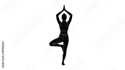 A woman in a yoga pose with arms raised white with silhouette and tree pose on whit background