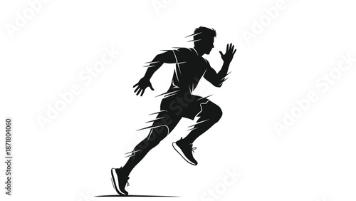 A dynamic silhouette of a man running with motion lines white with athletics on whit background