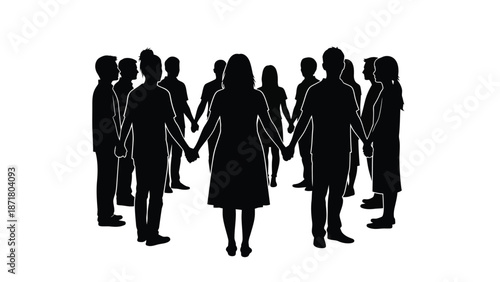Silhouette of a diverse group of people standing together in a circle holding hands symbolizing unity teamwork and community support in a simple graphic representation