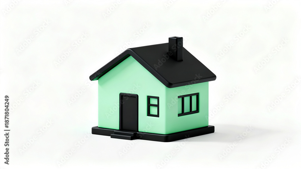 Naklejka premium 3D mint green house icon with a black roof. Minimalist and clean design, perfect for real estate apps, UI/UX web elements, or property branding. Modern, simple, and high-quality 3D render style.