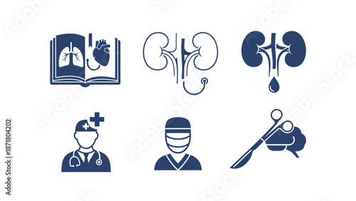A collection of medical icons representing healthcare professions, anatomy, and surgical procedures.