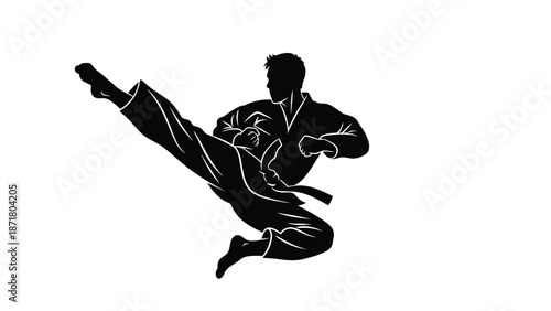 Martial arts silhouette of a man in a karate uniform kicking white with illustration on whit background