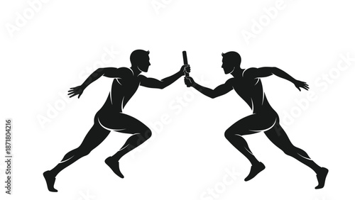 Two athletes running and passing a baton in a relay race white with track and field on whit background