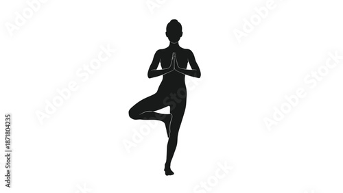 A woman in a black silhouette is practicing yoga in tree pose white with yoga pose on whit background