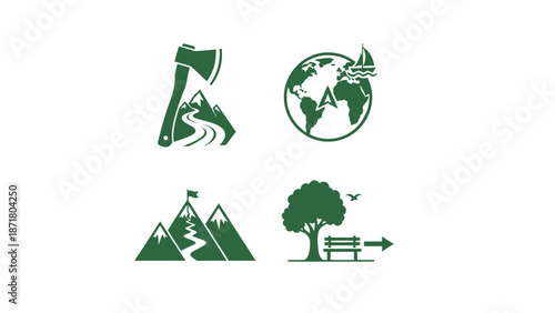 Adventure and travel icons representing different aspects of exploration and outdoor activities