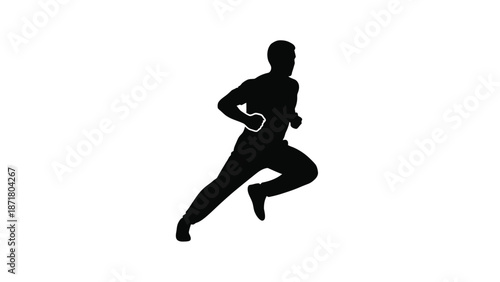 A black silhouette of a person running quickly a white with fitness and exercise on whit background