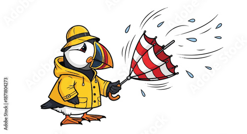 Puffin Bird Character in Yellow Raincoat Holding a Red and White Umbrella in Windy Weather Illustration