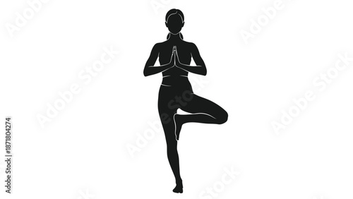Black silhouette of a woman in a yoga tree pose white with fitness and meditation on whit background