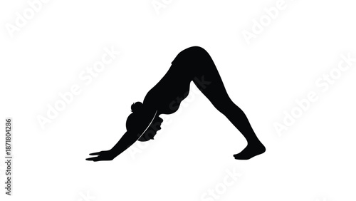 A woman in a downward facing dog yoga pose white with silhouette and fitness on whit background