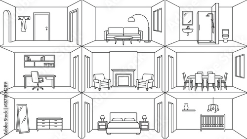 Isometric house interior floor plan illustration, modern home rooms layout cutaway, architectural line drawing, vector outline design