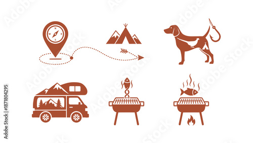 A set of outdoor adventure and camping activity icons presented on a white background