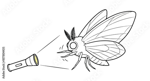 Moth Insect Character Drawn to Bright Light Flashlight Illustration
