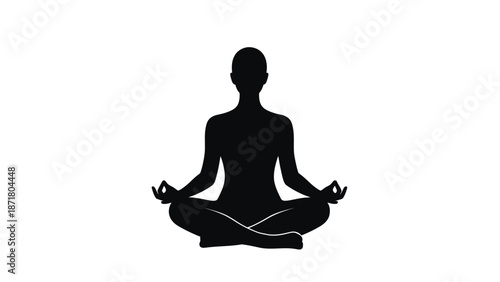 A black silhouette of a person sitting in lotus position white with meditation on whit background