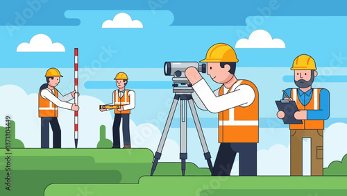 Cartoon Surveying Crew Using Theodolite and Leveling Rod in Field