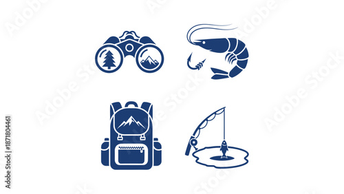 Outdoor adventure icons featuring fishing and hiking
