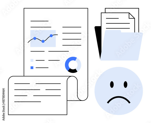 Financial report concept. Financial reports showing declining metrics, ed by a sad face and data charts. Financial report analysis for decision making, business planning, and presentations