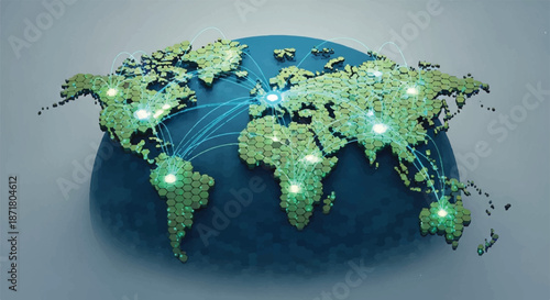 Global business network connection map with glowing green points and digital data lines on dark world map background