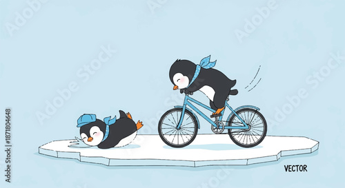 Cute Penguin Character Riding a Bicycle and Pedaling Fast on Snow Fun Winter Activity Cartoon Illustration