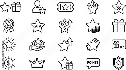 Loyalty rewards line icon set, rating stars, bonus points, VIP membership symbols, customer reward program, outline vector icons
