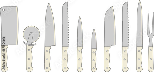 Kitchen knife and cutlery illustration set, chef bread utility knives cleaver fork tools, cooking equipment, flat vector design