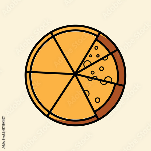 Flat vector illustration of a yellow cheese wheel cut into wedges with abstract circular holes and a brown rind on a cream background