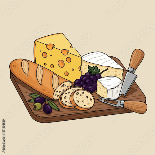 Flat illustration of a cheese and bread platter with grapes, olives, and cheese knives on a wooden board, perfect for food concepts.