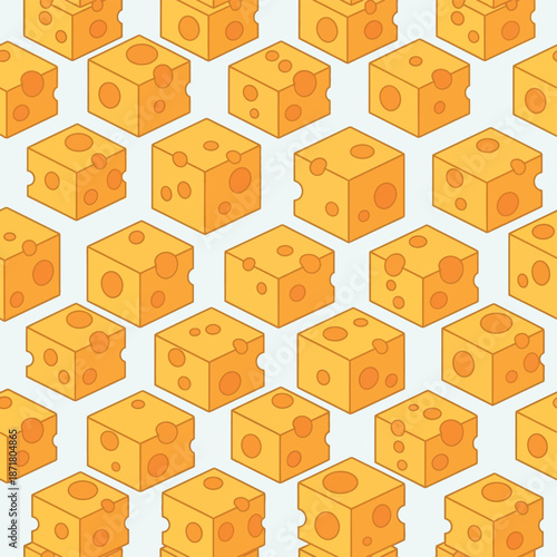 Seamless isometric flat design pattern of yellow cheese cubes with holes, a playful food graphic for backgrounds and wrapping paper.