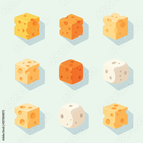 Collection of flat design isometric cheese cubes with varying shades of yellow and orange, creating a playful and balanced pattern on a light blue background.