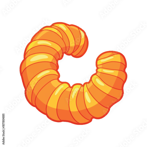 Curled orange cheese doodle snack icon with bright yellow highlights and a thick red outline on a white background, flat design