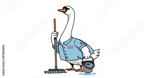 Swan Janitor Character Wearing a Work Shirt Holding a Mop and Bucket Maintenance Service Concept Cartoon Illustration