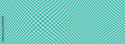 Mint green and turquoise checkerboard vector tile design with crazy psychedelic curves. Inspired by 50s modern prints, retro game aesthetics, disco wallpaper, and handmade ornament art.