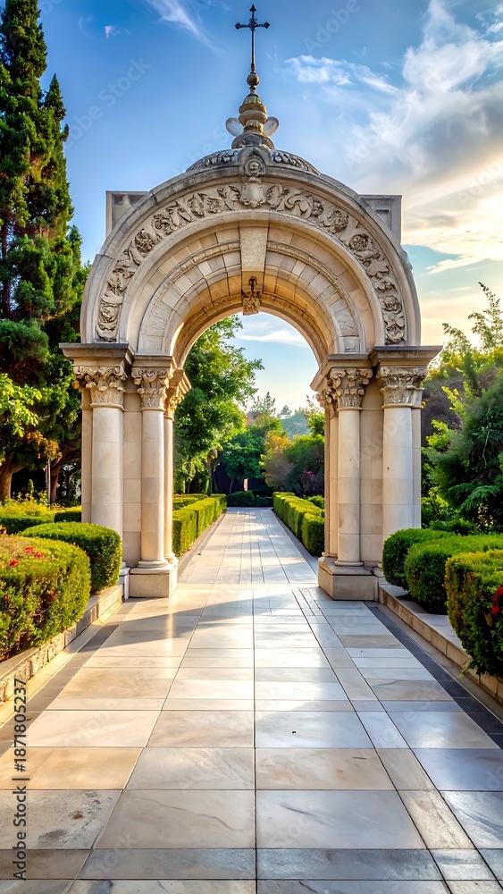 Obraz premium Ornate stone archway frames a walkway to lush, green garden