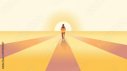 A lone figure standing at the end of a pathway leading to a radiant light in a bright landscape