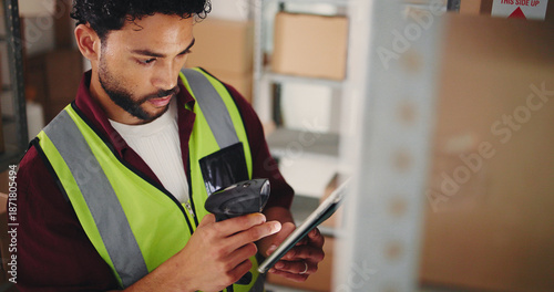 Foto Tablet, scanner and logistics worker with boxes in office for online order information with email