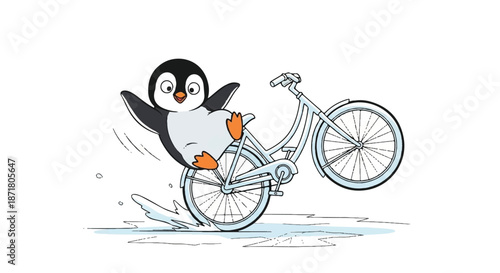 Energetic Penguin Character Riding a Bicycle and Pedaling Fast Fun Winter Sports or Summer Activity Cartoon Illustration
