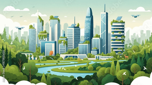 Sustainable cityscape with lush greenery and modern architecture viewed from a high vantage point