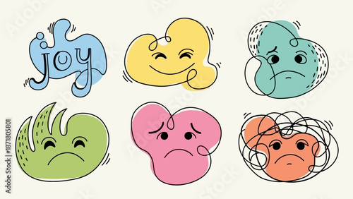Illustration of diverse emotions represented by colorful cartoon faces with varying expressions
