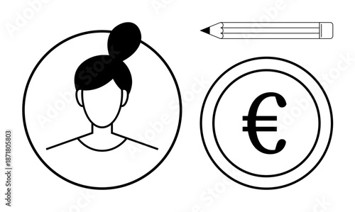 Business branding, financial planning, creative design, artistic tools, online identity, professional services. Black and white profile icon, euro currency symbol and pencil. Business branding