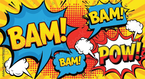 Retro Comic Book Action Bubbles with BAM and POW Text in Pop Art Style