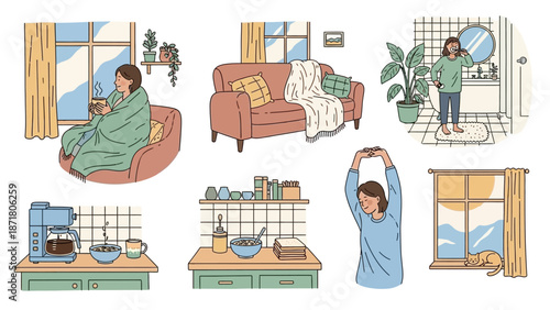 A serene morning routine unfolds in a cozy home environment with a woman enjoying quiet moments in various rooms.