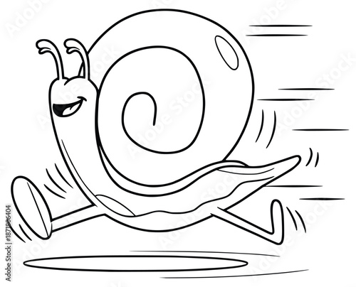 Speedy Snail's Dash: An amusing black and white cartoon snail races, illustrating a humorous contrast of quick movement