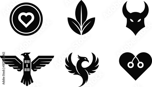 Minimal black logo icon set with heart leaf bird phoenix and abstract symbols isolated on white background vector design